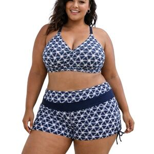 Plus 24W Navy Geo Print 2pc Sw﻿imsuit Set Tankini Top + Swim Shorts like new!